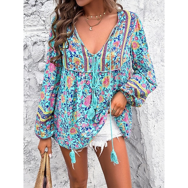 Women's Shirt Blouse Lace up Print Floral Bohemia Ethnic