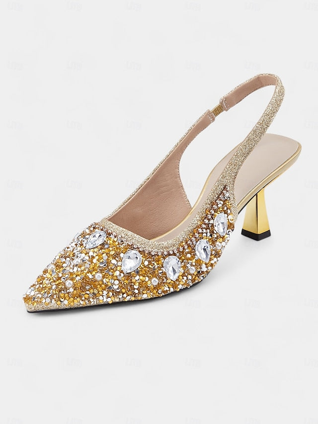 Gold Pearl with Rhinestone Women's Heels Slingback