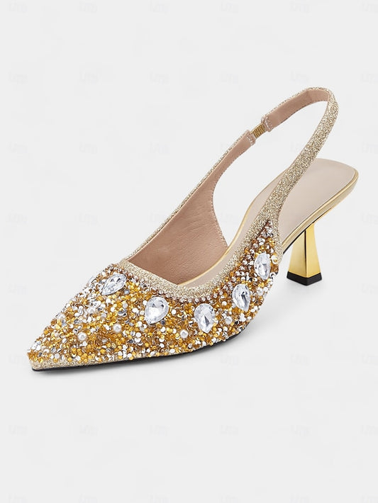 Gold Pearl with Rhinestone Women's Heels Slingback