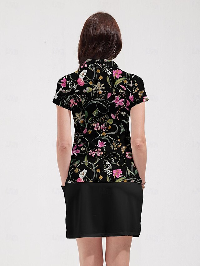 Women's Golf Polo Shirt Black Short Sleeve Top Floral