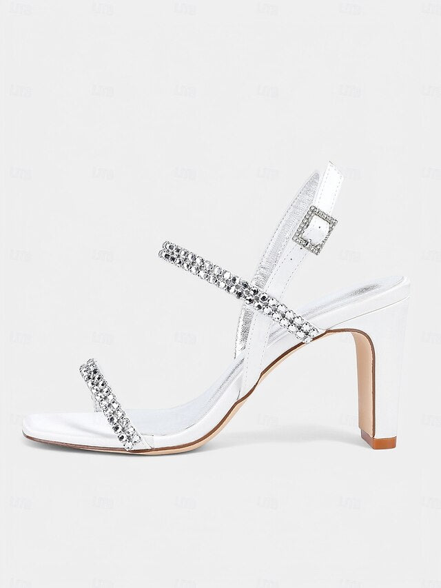 – Rhinestone Prom Women's Heel Sandals White Block Bridal