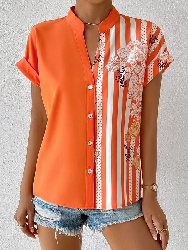 Women's Blouse Buttons Print Floral Striped Vintage Casual