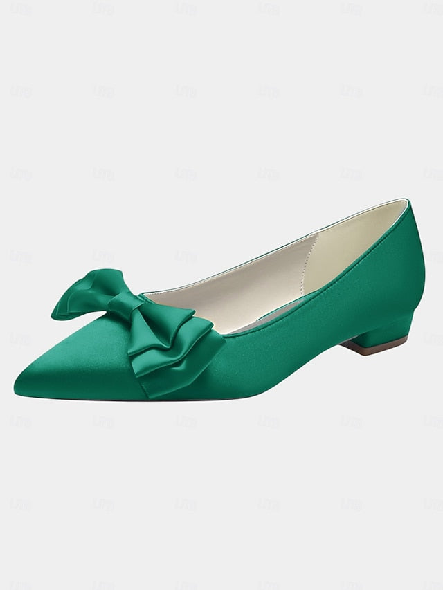Green Elegant Flats - Satin Women's Pointed Toe Bow