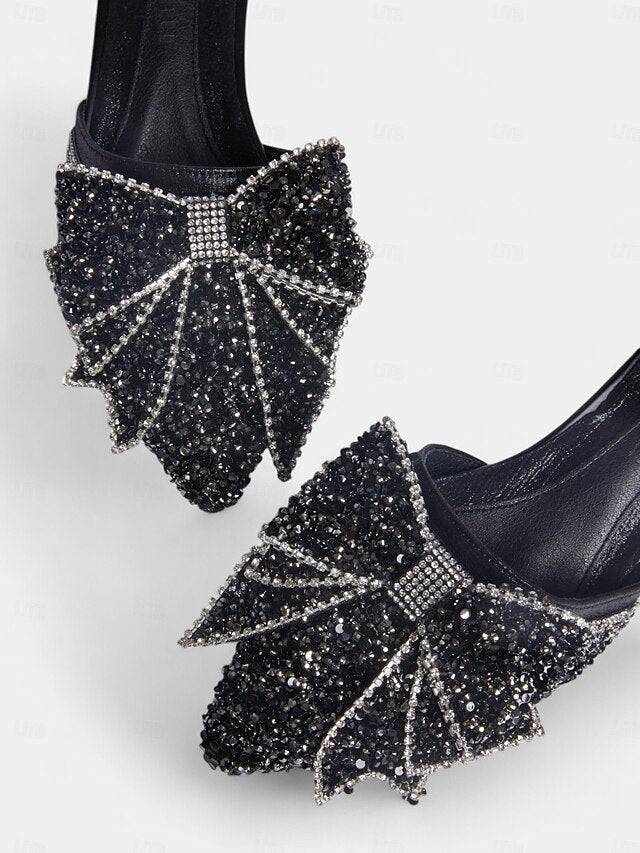 – Rhinestone-Bow Flat for Parties and Black Mules Perfect