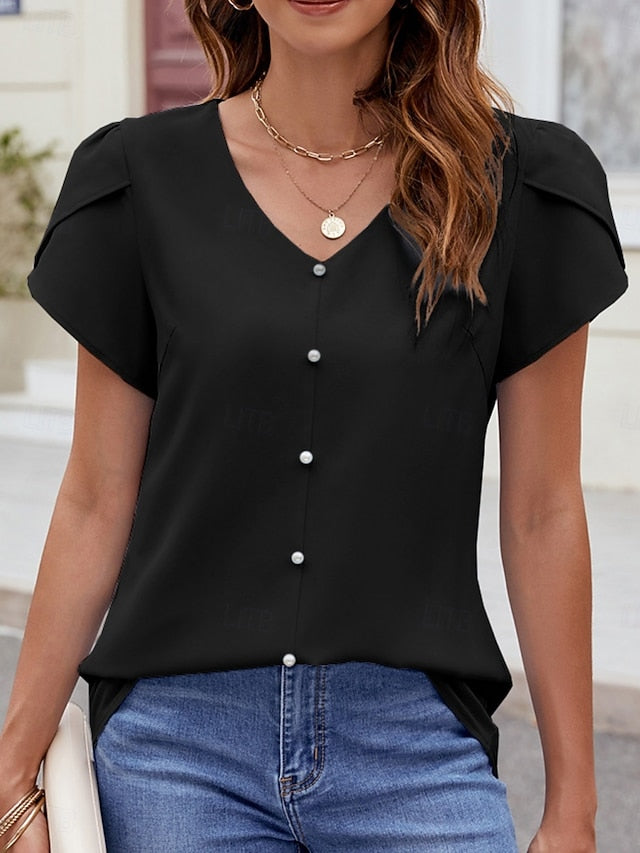 Women's Shirt Blouse Beaded Solid Color Basic Casual Short