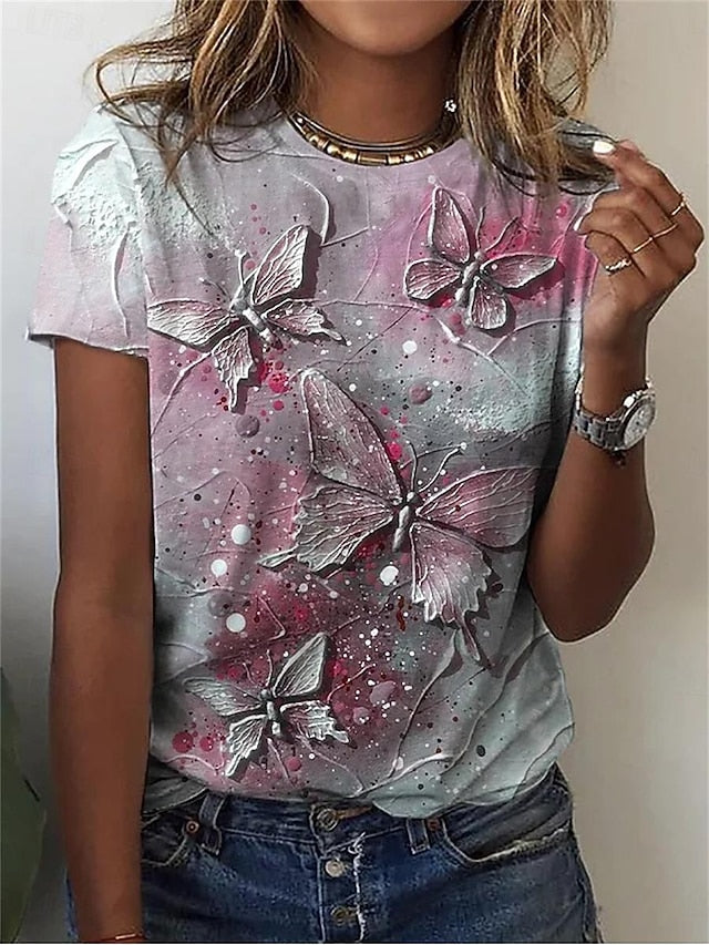Women's T Shirt Butterfly Fashion Modern Short Sleeve Crew