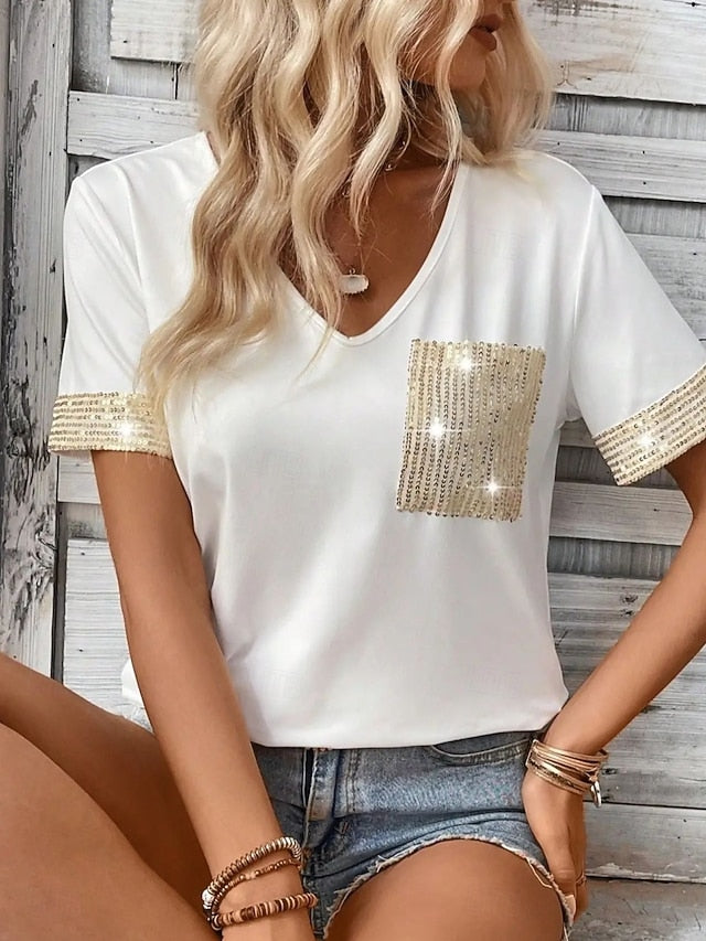 Women's Blouse Sequins Patchwork Pocket Solid Color Basic
