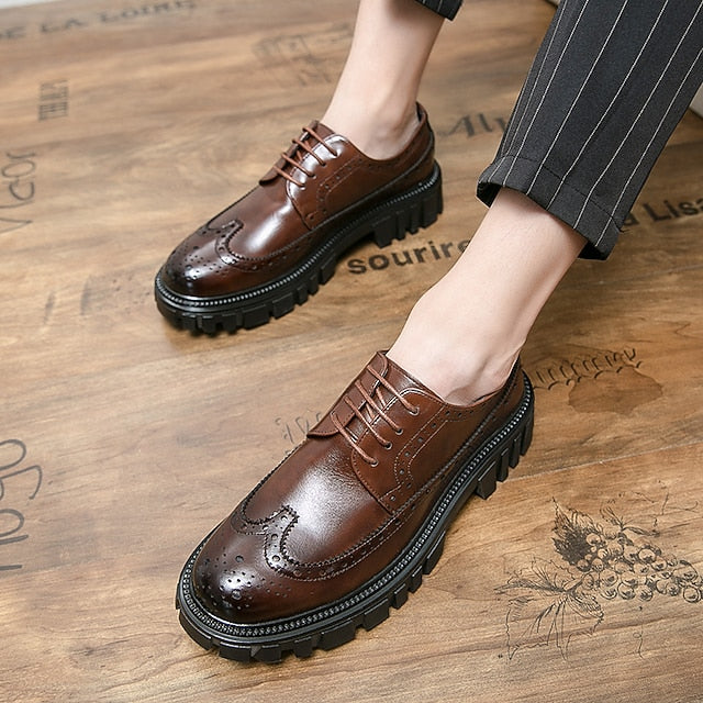 Men's – Brogue Brown Sole Shoes Leather Chunky Faux