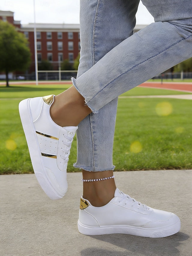Women's White Lace-up Sneakers with Gold Detailing –