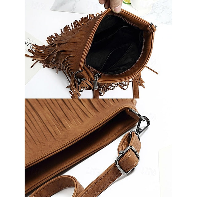 - Crossbody Bohemian Leather Bag Faux Fringe Women's