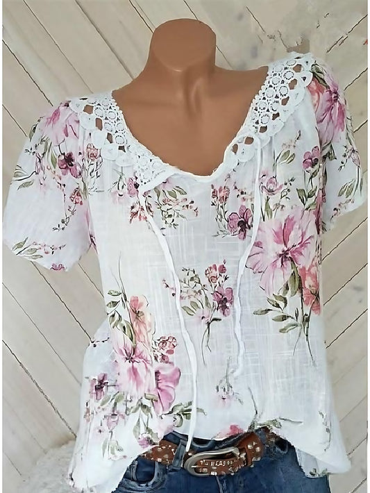 Women's White Elegant Lace Tops Eyelet Blouse Basic Floral