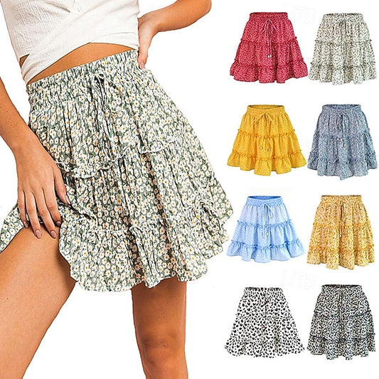 Women's Fashion Casual Mini Mid Rise Skirts Floral Ruched