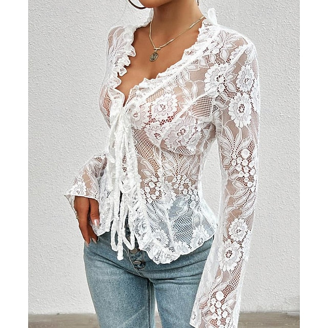Women's Lace Solid Color Plain Stylish Long Sleeve Causal