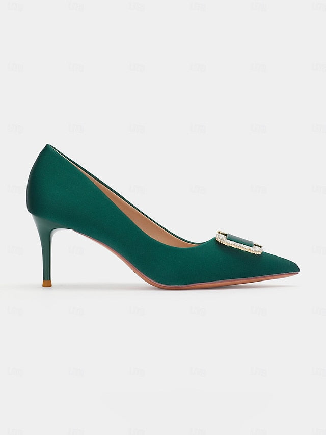 Green with Pumps Buckle for Elegant Women: Rhinestone Satin