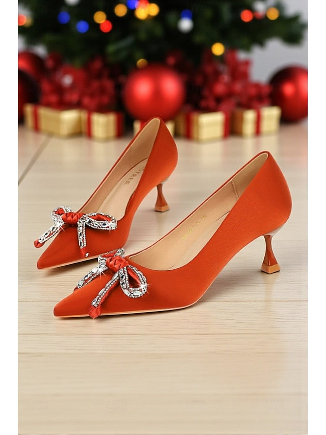 Bow Crystal Women's Orange Stiletto Heels Pointed with -