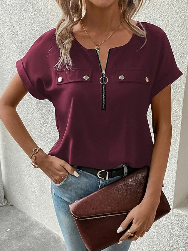 Women's T Shirt Tee Top Zipper Plain Fashion Stylish