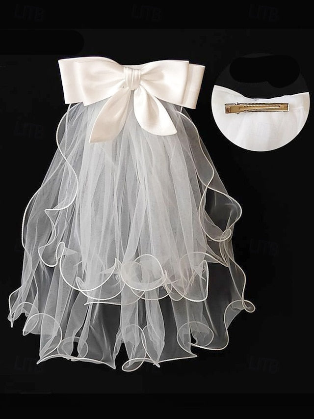 Elegant Satin - Bridal Ivory Ribbon Tulle Veil with and Soft