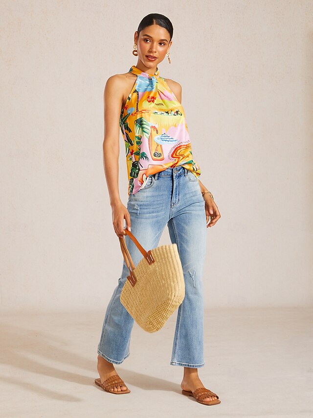 Summer Escape Silky Satin Floral Halter Top