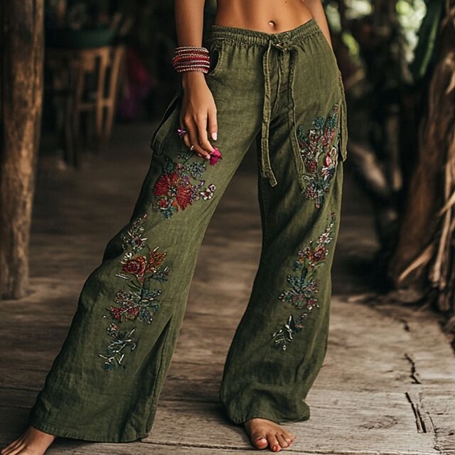 Women's Wide Leg Slacks Boho Full Length Natural Flower