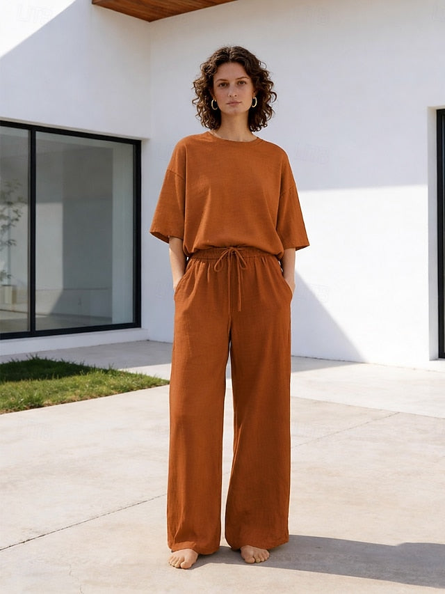 15% Linen Women's Pants Sets Linen Sets Basic Pure Color
