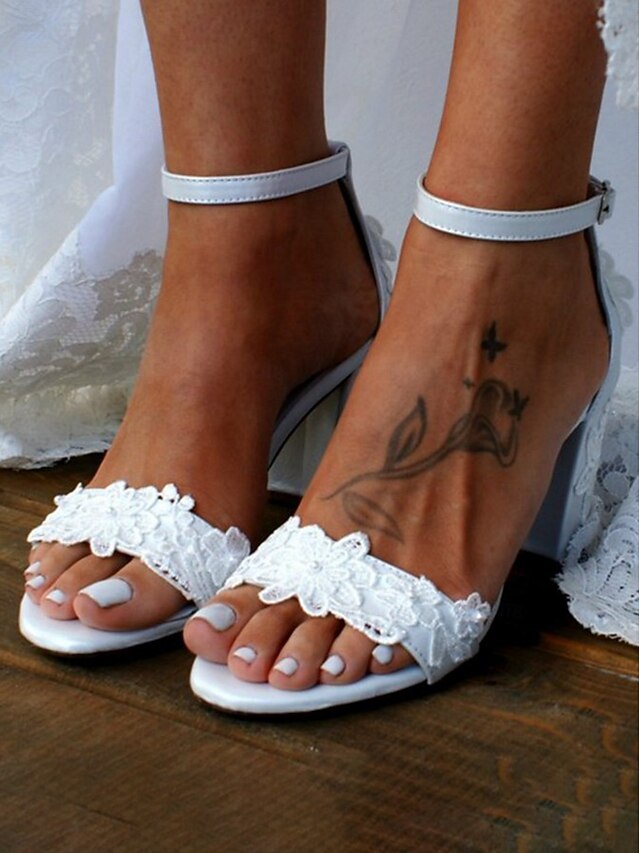 Heels Open-Toe Lace Women - for Bridal Strap with Ankle White