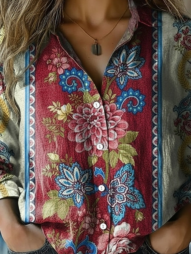 Women's Shirt Faux Cotton Linen Buttons Print Floral
