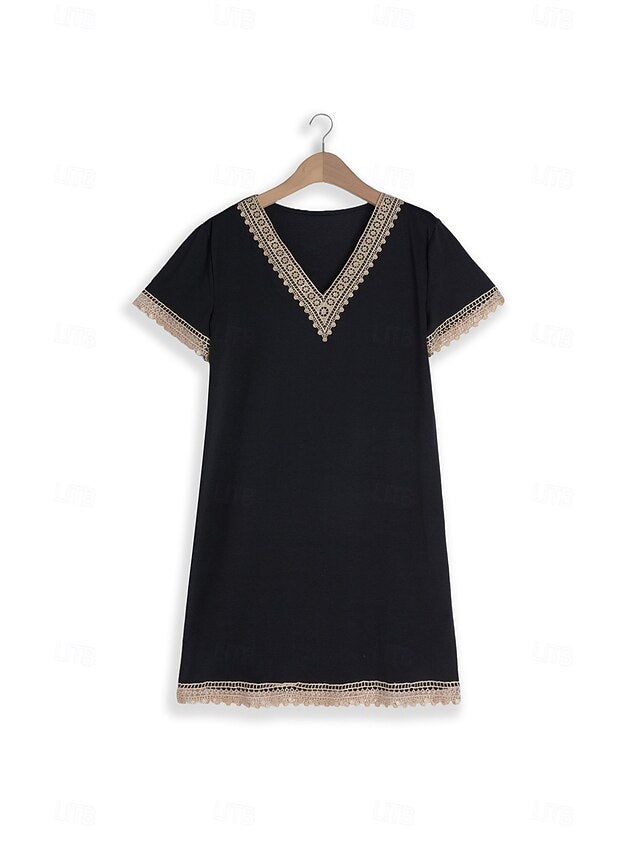 Women's Casual Dress V-neck Short Sleeve Crochet Lace Trim