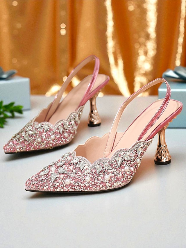 Rhinestone Toe Pink Women's - Slingback Party Heels Pointed