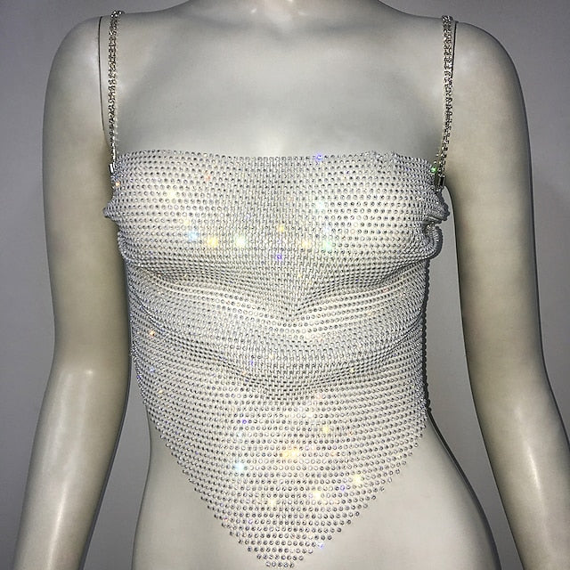 Metallic Sparkle Sexy Crop Tank Top Sheer Mesh Rhinestone Cover
