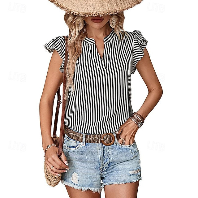 Women's Shirt Blouse Casual Striped Ruffle Print Short