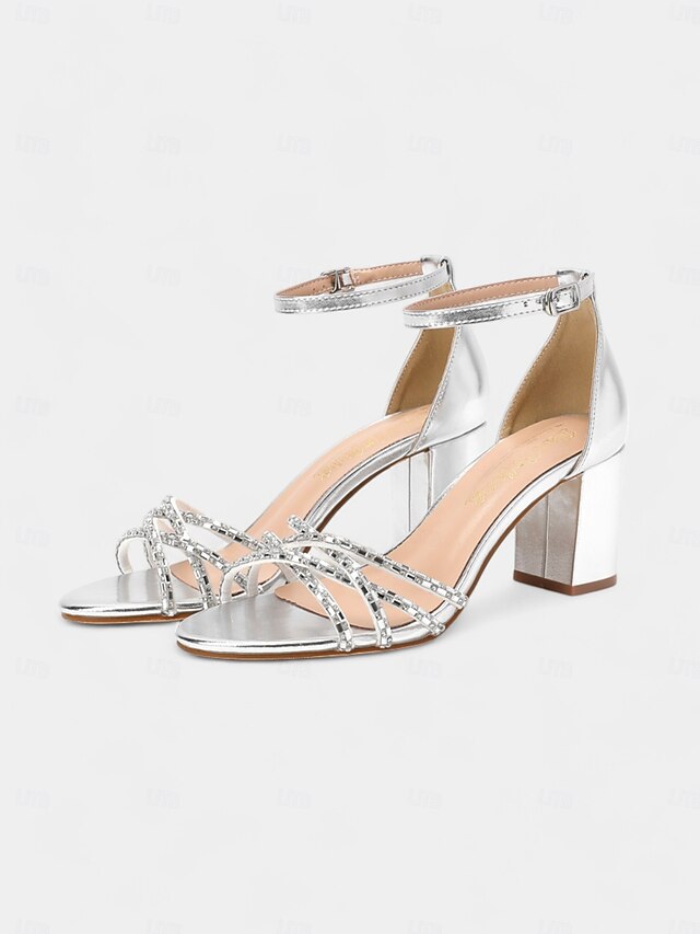 Silver Strappy Metallic Block Sandals with Heel Rhinestone