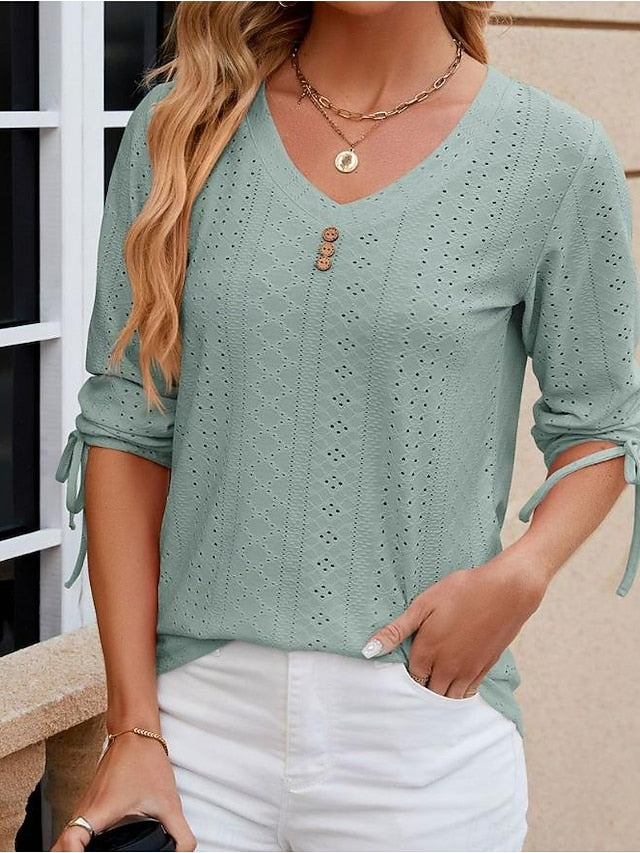 Women's White Elegant Lace Tops Eyelet Blouse Stylish