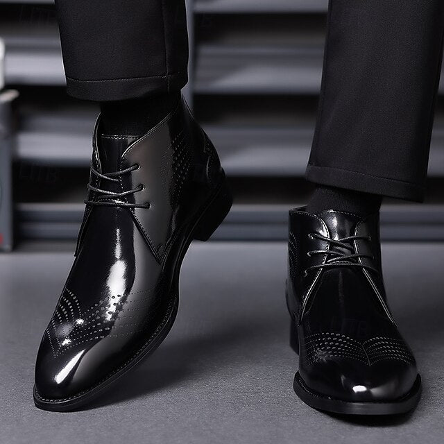 Burgundy Glossy Wingtip Faux Brogue Ankle Leather Men's