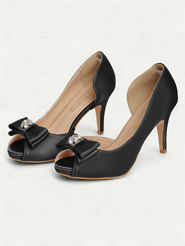 Toe Heels Satin Champagne Women's Peep and with Bow