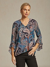 Women's Paisley Print Chiffon Peasant Top Lantern Sleeve