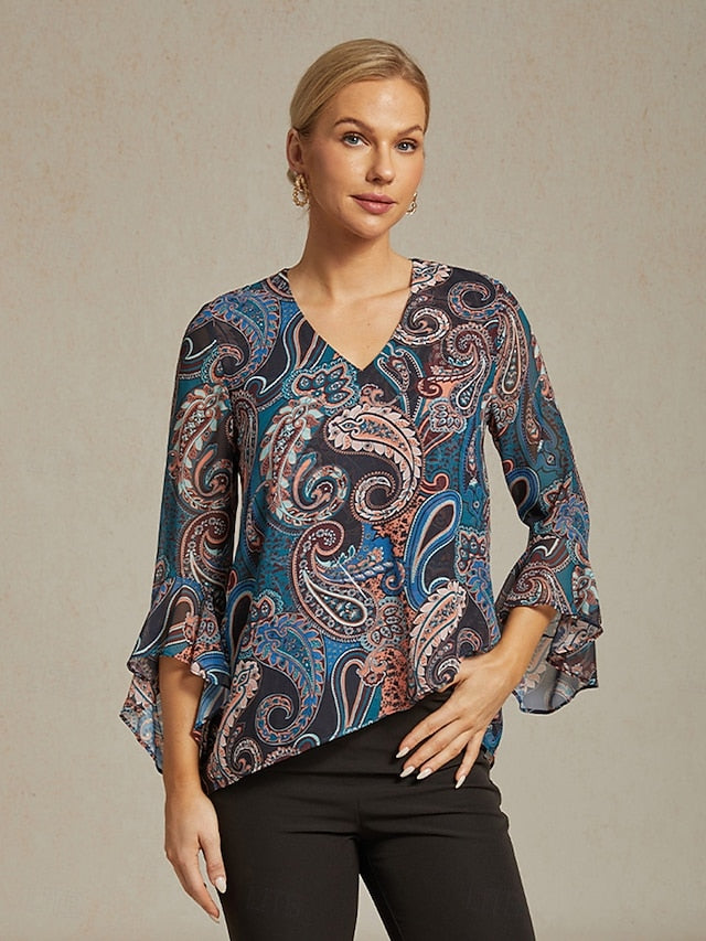 Women's Paisley Print Chiffon Peasant Top Lantern Sleeve