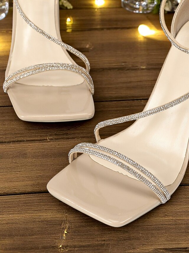 - Rhinestone Straps Heel Women's Block White Sandals with