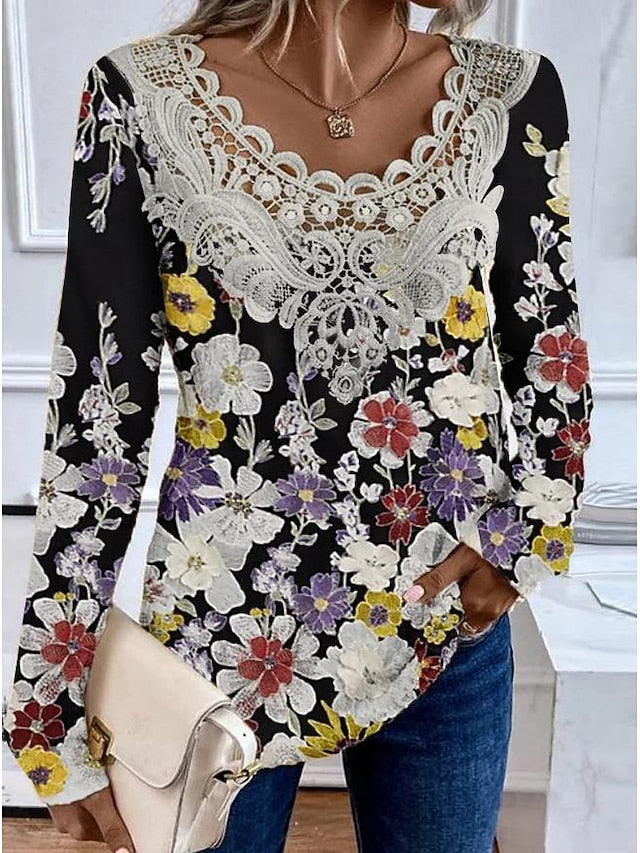 Women's Blouse Tunic Lace Splicing V Neck Long Sleeve