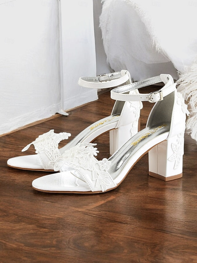 Heels Open-Toe Lace Women - for Bridal Strap with Ankle White