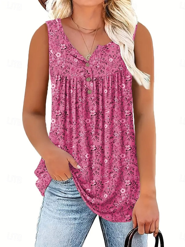 Women's Blouse Buttons Print Floral Casual Sleeveless V