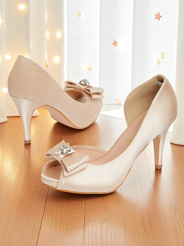 Toe Heels Satin Champagne Women's Peep and with Bow