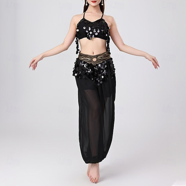 Belly Dance Top Pure Color Splicing Sequins Women's