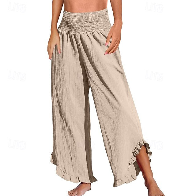 Women's Cotton Linen Pants Culottes Wide Leg Slacks Fashion