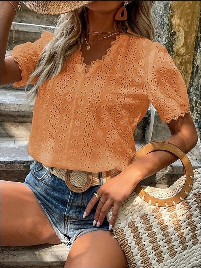 Women's Shirt Blouse Lace Solid Color Stylish Casual Short