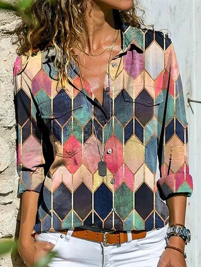 Women's Shirt Blouse Buttons Color Block Modern Casual Long