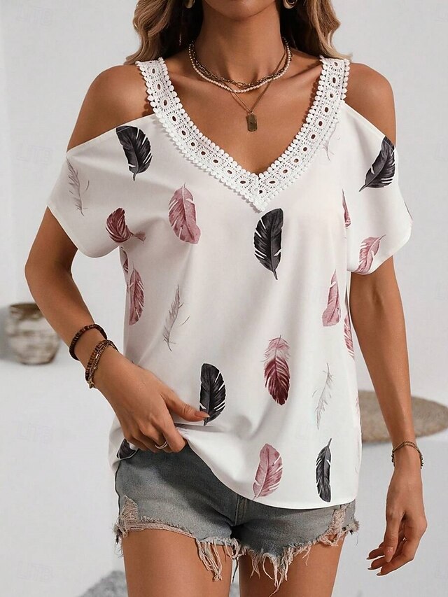 Women's Blouse Lace Print Feather Stylish Casual Short