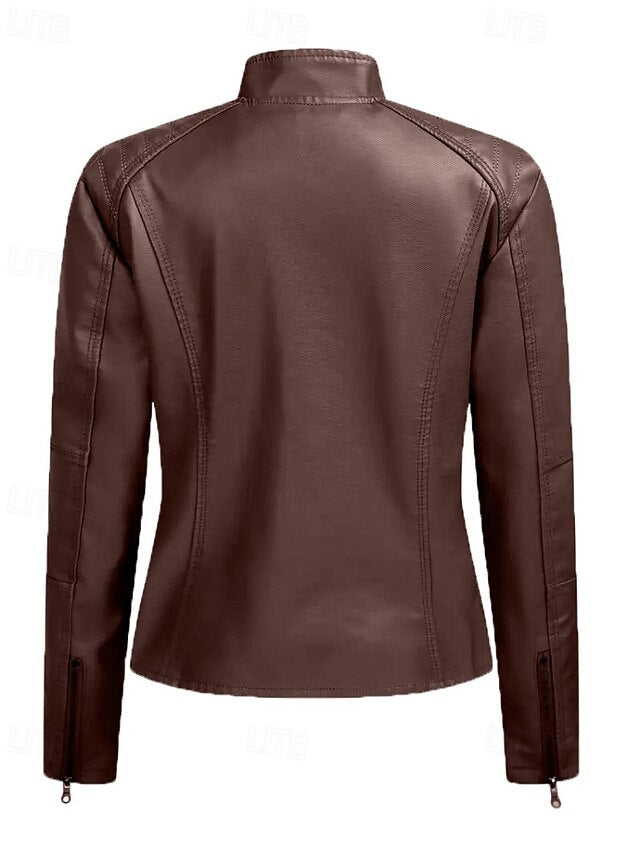 Faux Pocket Leather Comfortable Women's Zipper Jacket