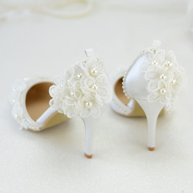 with Women's Platform Heels Floral Lace Wedding White