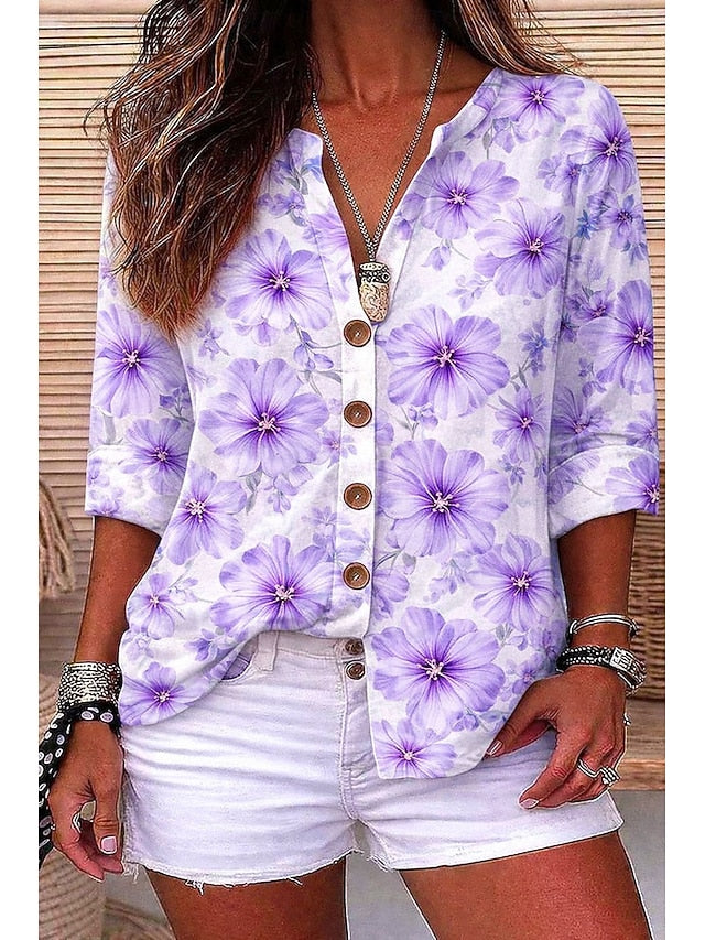 Women's Shirt Tunic Summer Tops Buttons Floral Graphic