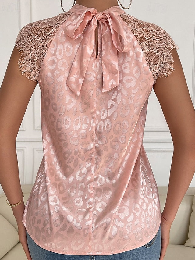 Women's Shirt Elegant Satin Top Blouse Lace Patchwork